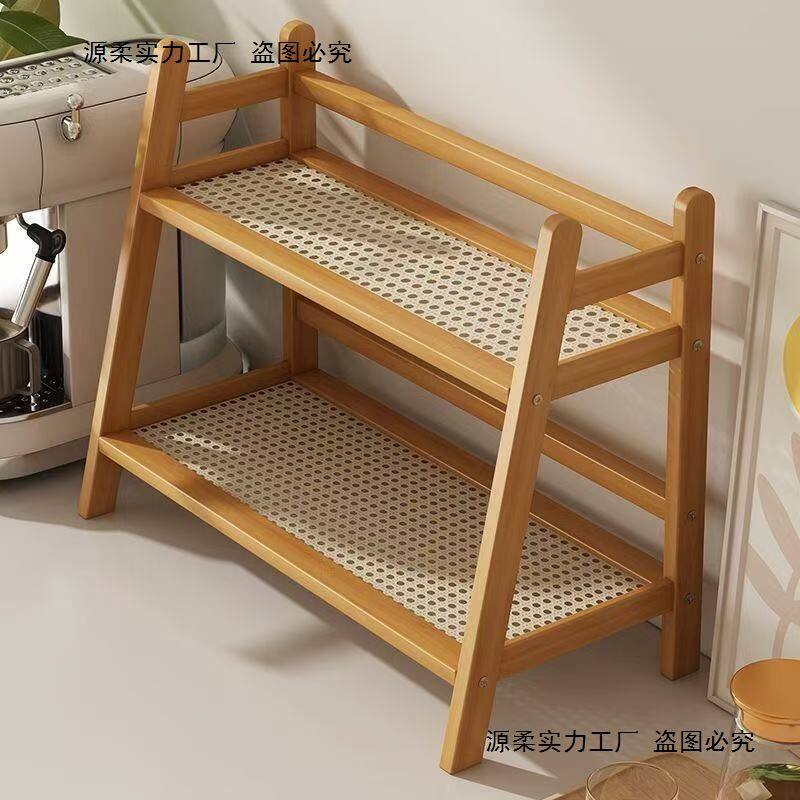 桌面厨房置物架简约双层藤编杯架子办公置立式小型楠竹收纳置物架