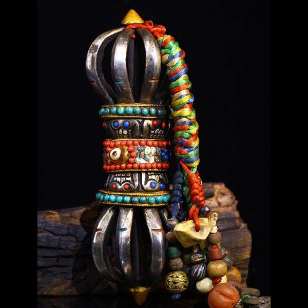 古玩收藏西藏古寺收老天铁彩绘镶嵌宝石天珠九股金刚杵法器摆件