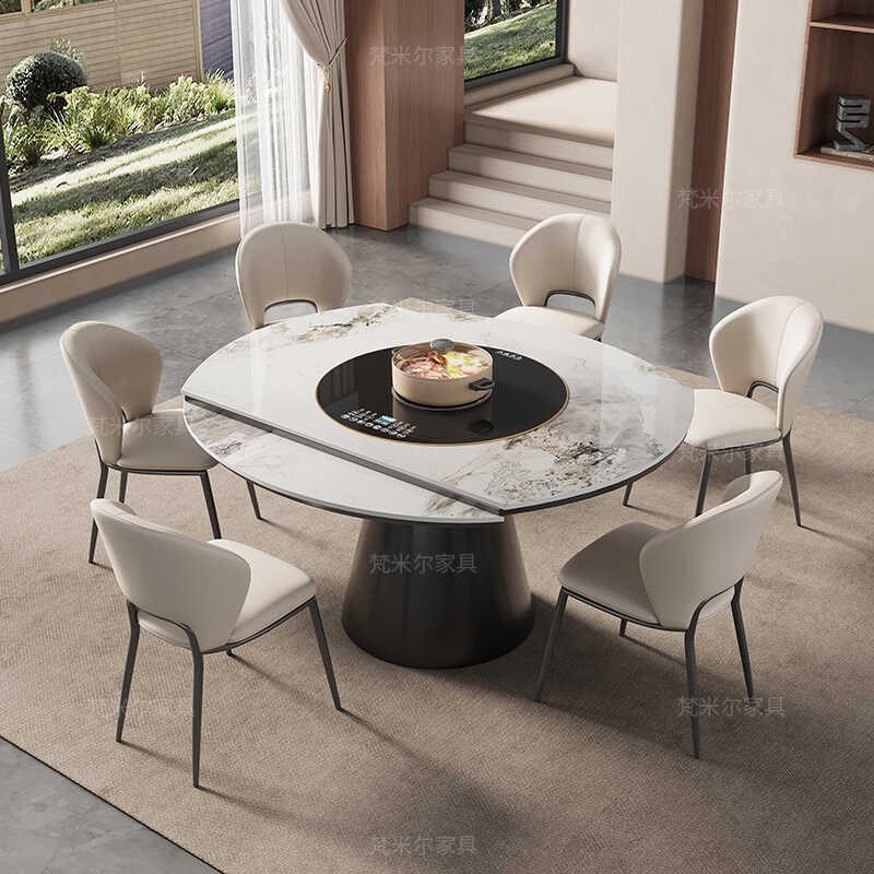 伸缩岩板餐桌轻奢现代简约变圆形家用小I户型内嵌转盘带电磁炉饭