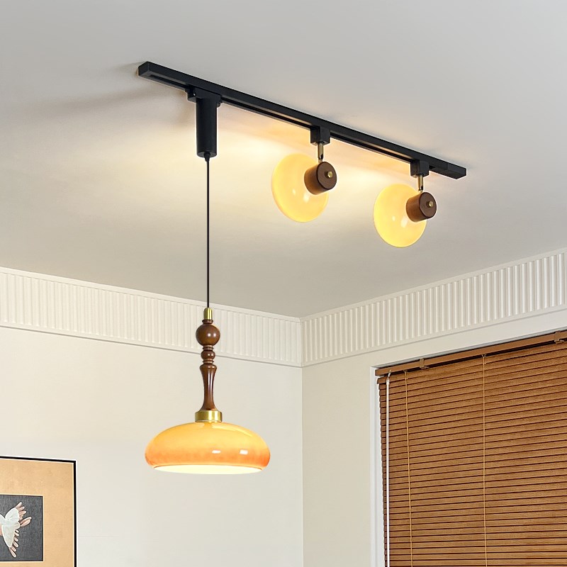 中古风饭c厅可移位轨道吊灯覆古法式奶油风吧台柿子玻璃胡桃色灯