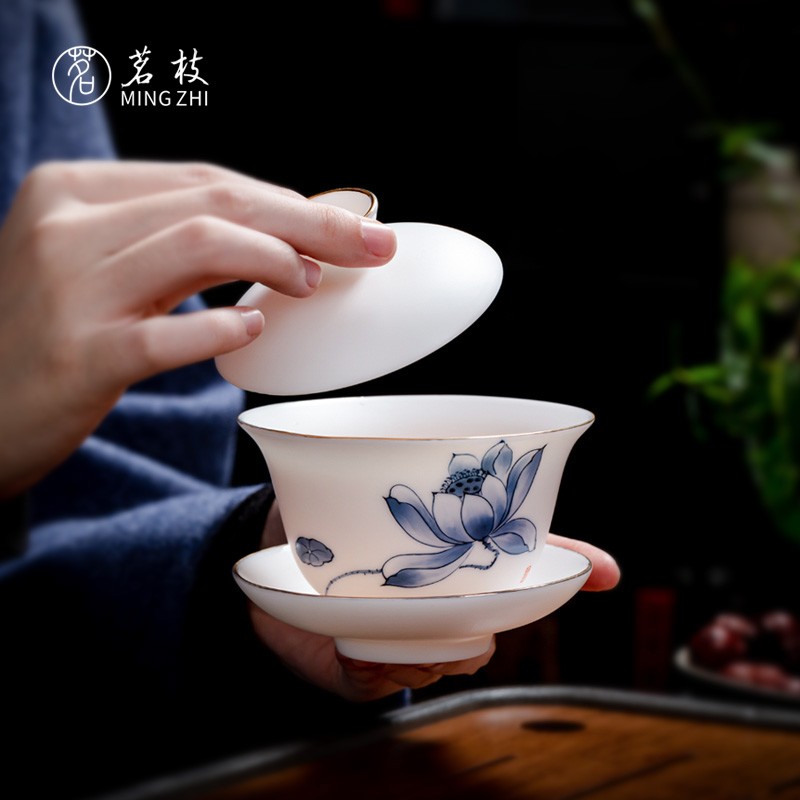 茗枝羊脂玉三才盖碗泡茶碗描金白瓷敬茶杯手绘青花莲X花茶杯中国