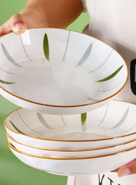 菜盘家用盘子陶瓷绿色条纹圆盘高颜值深盘2025新款菜碟子套装餐具