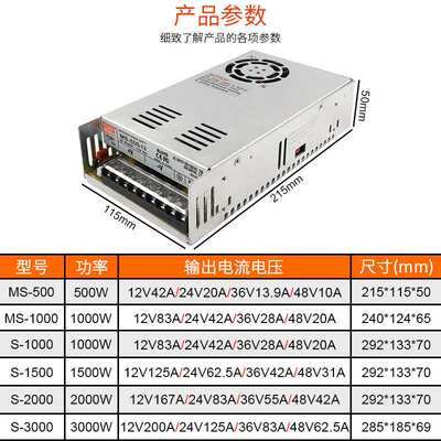 大功率开关电源S-1000W1500W2000W220V交流转24V可调稳压直流电源