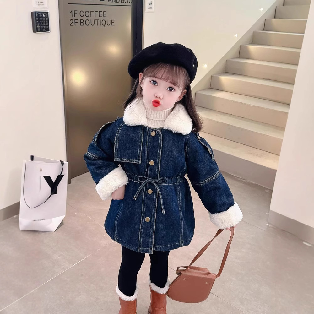 女童加绒牛仔外套秋冬2025新款洋气时髦儿童韩版冬装女宝宝派克服