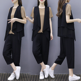 微胖妹妹显瘦套装大码女装2021夏装新款洋气减龄宽松马甲三件套女