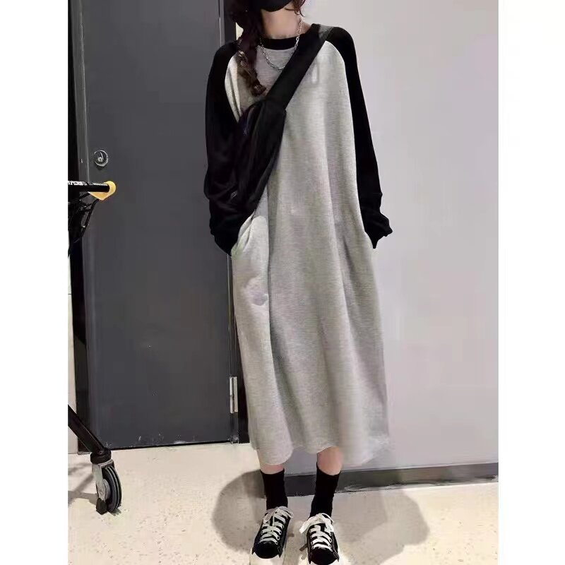 慵懒风撞色卫衣连衣裙女春秋季薄款韩版宽松长款过膝孕妇裙子上衣