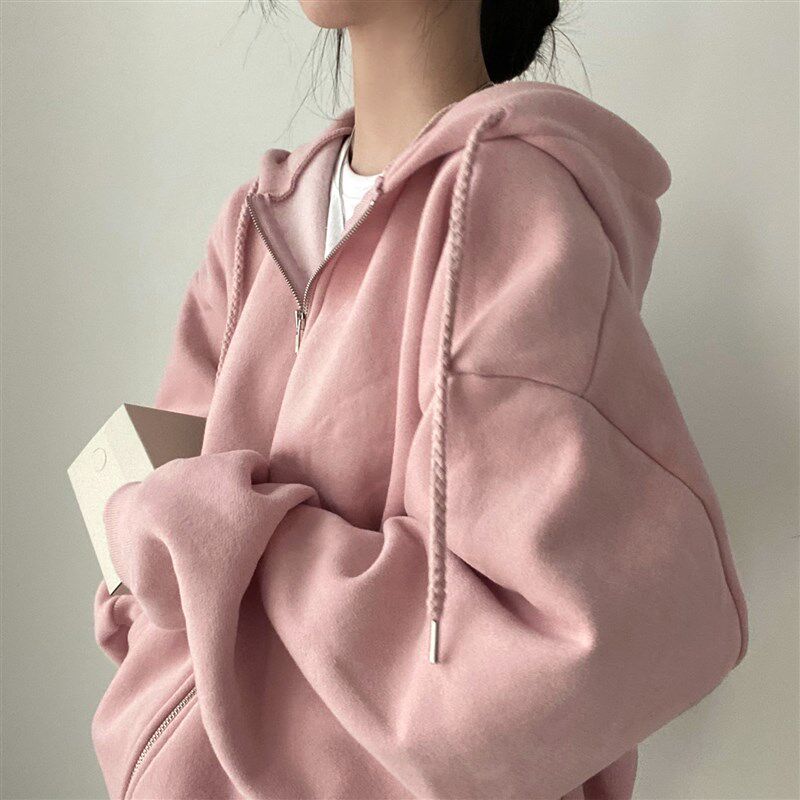 芝士奶油粉 日系复古连帽宽松卫衣外套 少女感纯色休闲加绒开衫图片