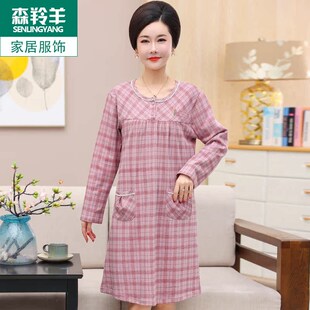 纯棉睡裙女款中老年春秋季套头长袖休闲中长款睡衣中年妈妈连衣裙