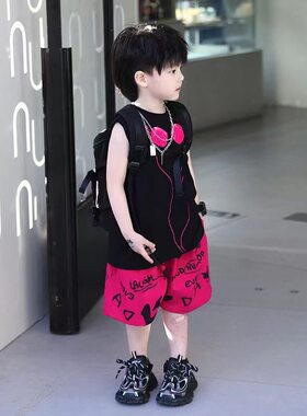 男童无袖套装24夏季薄款潮酷儿童粉色耳机背心两件套帅气宝宝夏装