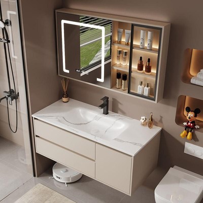 轻奢岩板热弯一体盆洗漱台卫生间实木奶油风浴室柜V组合洗手洗脸