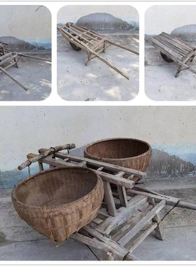 民俗老旧手推车独轮车农村老旧木推车农具农耕文化摆件影视装饰