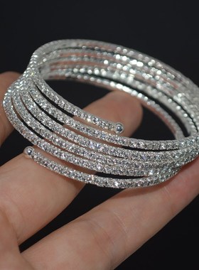 轻奢银色满钻水晶多层弹力手镯女简约时尚素圈臂环手链小众手环潮