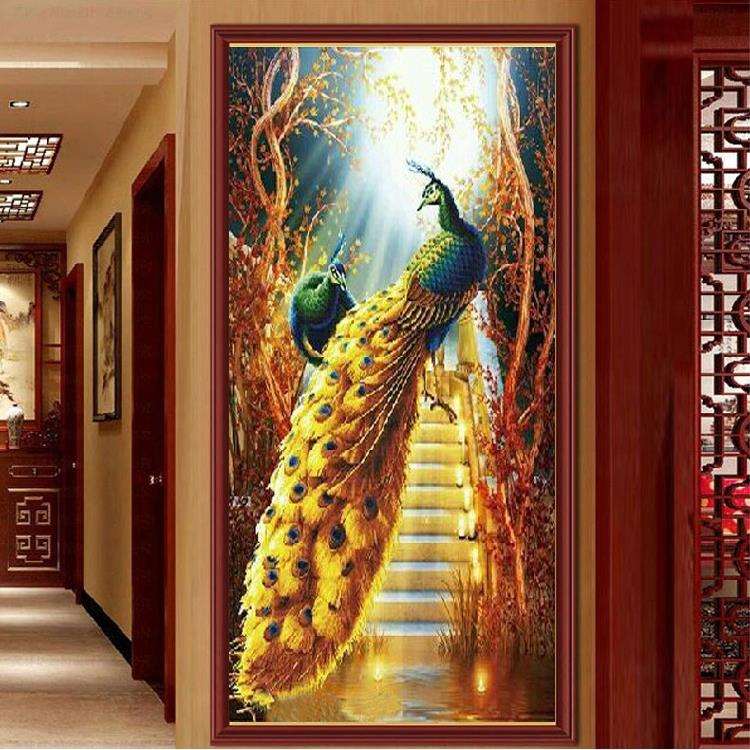 梦幻孔雀富贵贴砖画点钻5d十字绣客厅玄关钻石画满钻新款圆钻竖版