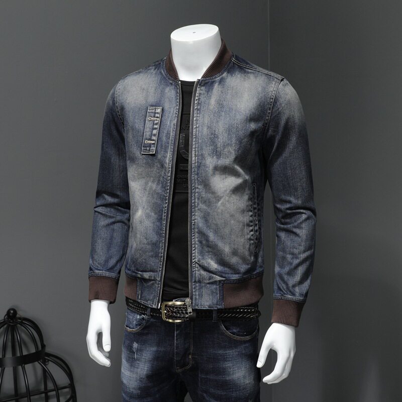 秋个性棒球领牛仔服男士夹克外套外贸大码牛仔上衣男M-4XL 牛仔蓝