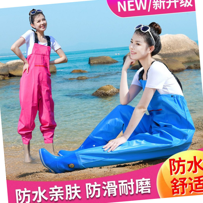 女士下水裤半身连体抓捕鱼沙滩雨鞋大童防水雨裤儿童赶海涉水衣服