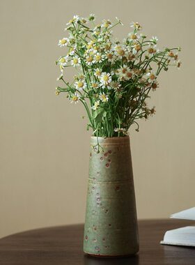 小花瓶风朴中古粗陶插花陶瓷家居客厅复古摆件日式绿色侘寂古花器