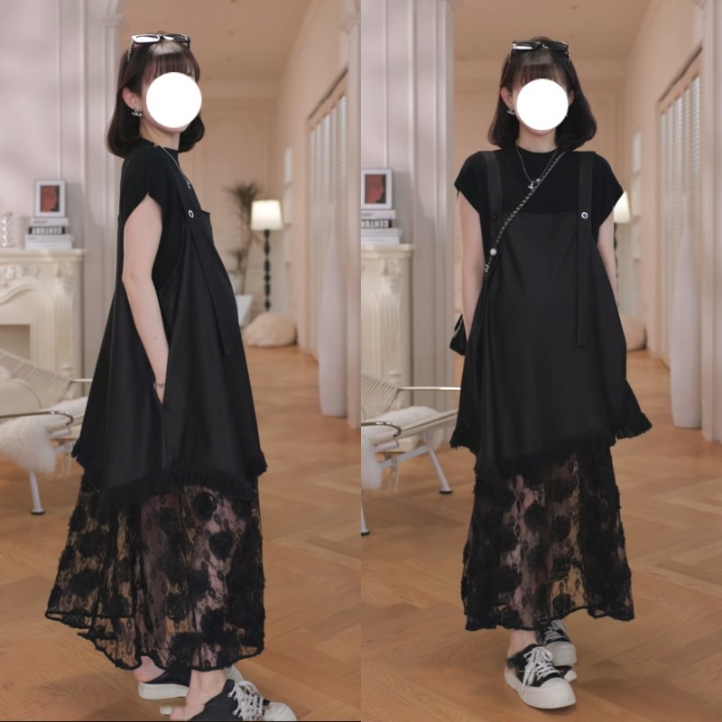 设计感孕妇两件套2025夏季新款蕾丝拼接宽松背带裙冰丝上衣女套装图片