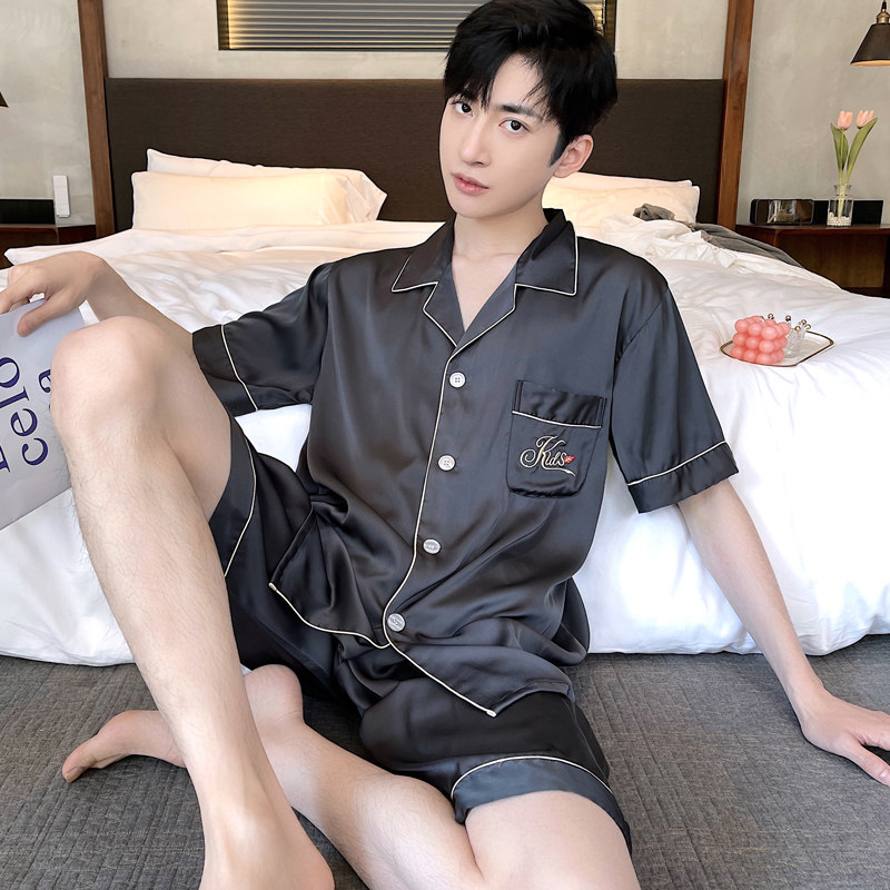 夏季睡衣短袖短裤男士开衫冰丝2021新款本命年红色丝绸家居服夏天图片