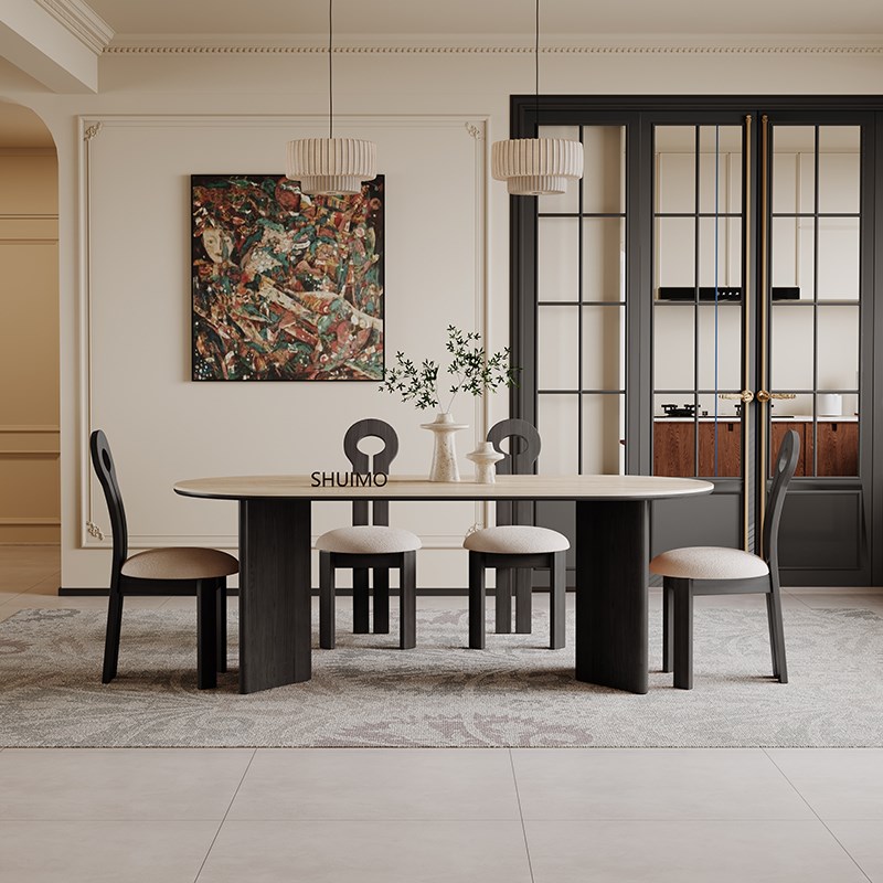 德利丰岩板洞石法式餐p桌家用小户型轻奢奶油椭圆长方形餐桌子客