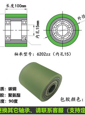 轮无动力滚筒滚轮胶轴承胶辊mm50耐磨pu聚氨酯配9双外径从动度轮0