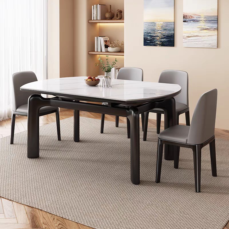 实木岩板餐桌椅组合奶油风圆桌A家用小户型可伸缩折叠变圆吃饭桌