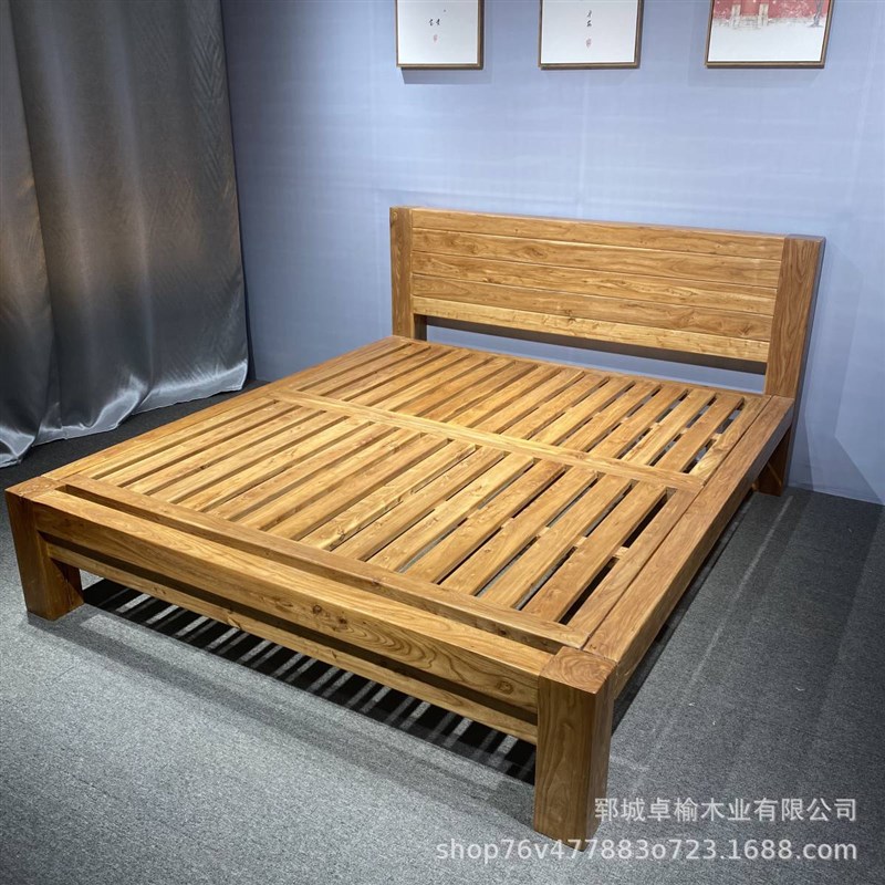 老榆木实木床中韩式简约榫卯原木单人H床民宿榻榻米卧室双人床加