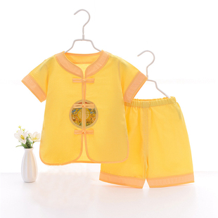 婴儿唐装夏薄女童短袖套装黄马褂男宝宝百日衣服纯棉周岁抓周礼服