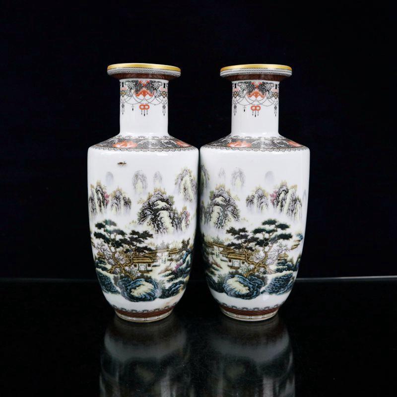 厂家古玩复古工艺品粉瓷器山水图纹花瓶一对家居客厅摆饰