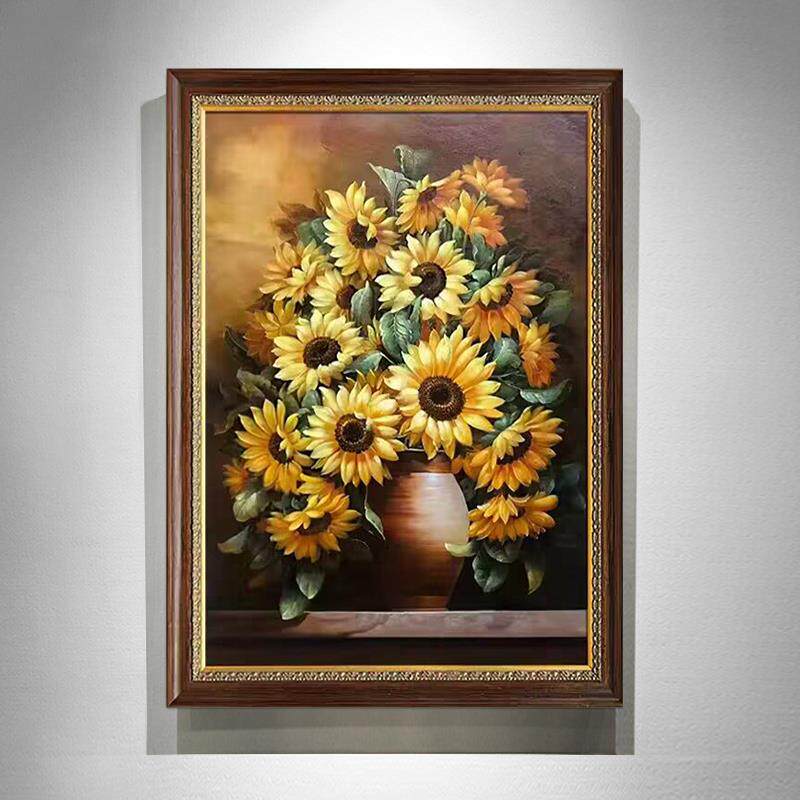 向日葵手绘油画欧式美式玄关装饰画客厅高端复古餐厅挂画高级感