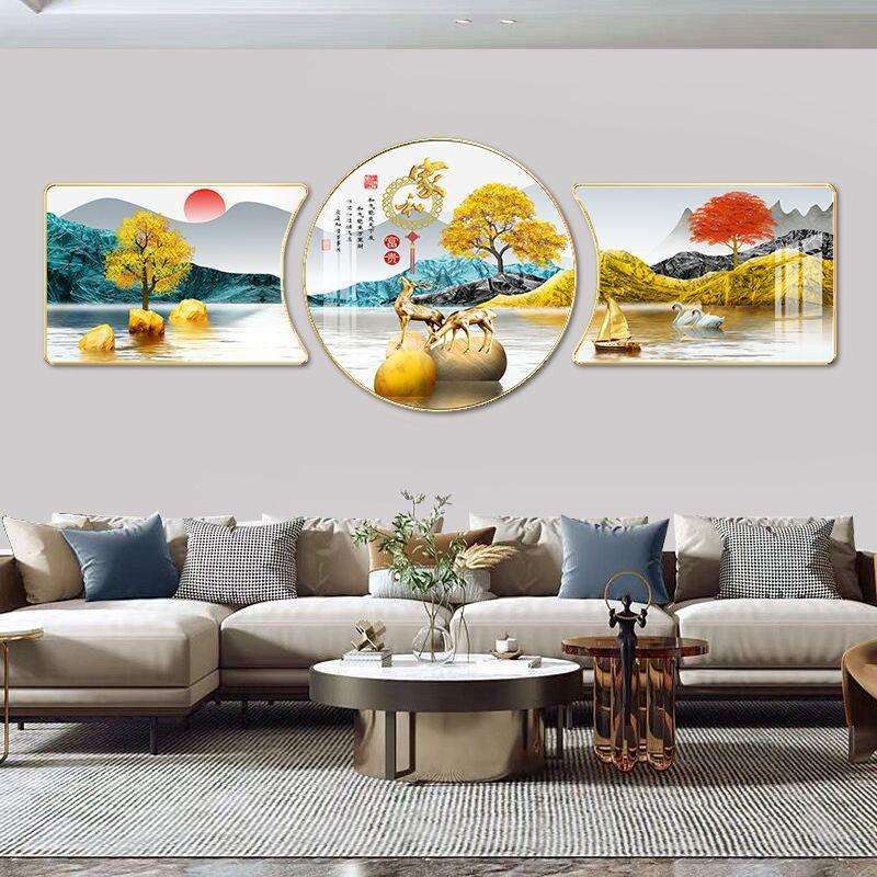 晶瓷水晶客厅装饰画新中式挂画现代简约山水壁画免打孔时尚墙画