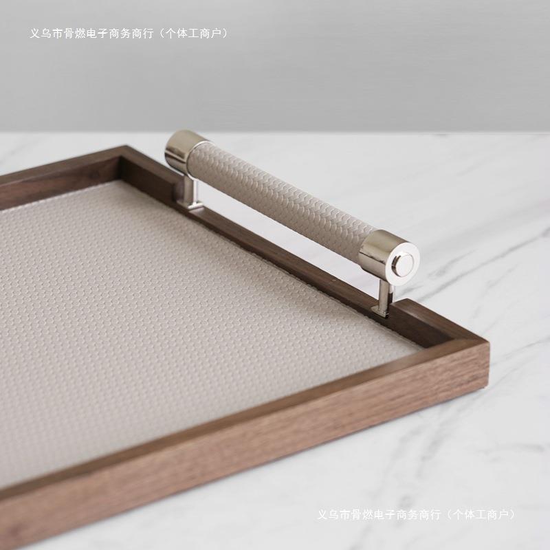 托盘客厅茶几木皮配套纸巾盒摆件样板间简约托盘胡桃木新中式软装