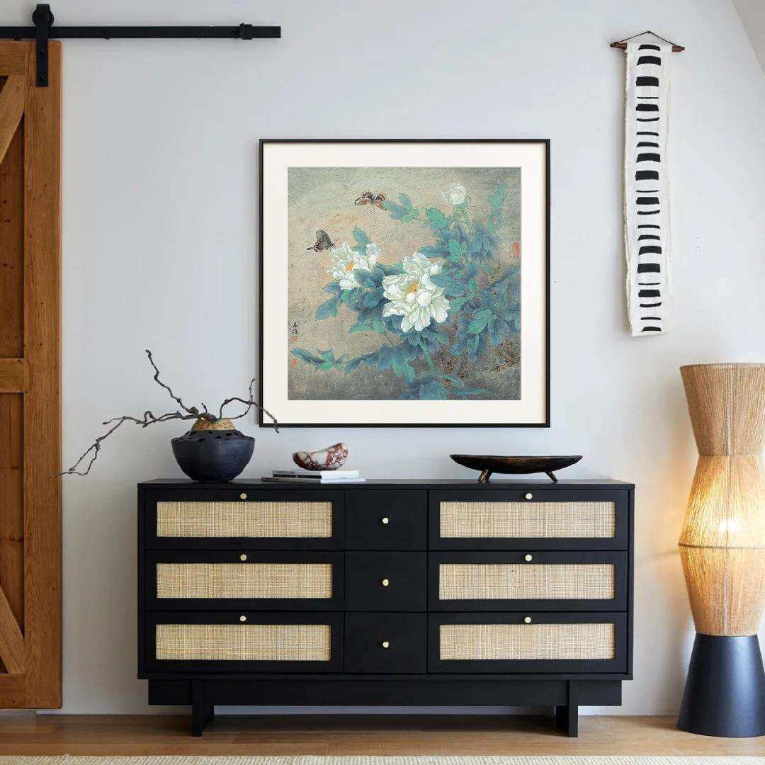 新中式牡丹花装饰画中古风玄关沙发背景壁画书房卧室床头花卉挂画