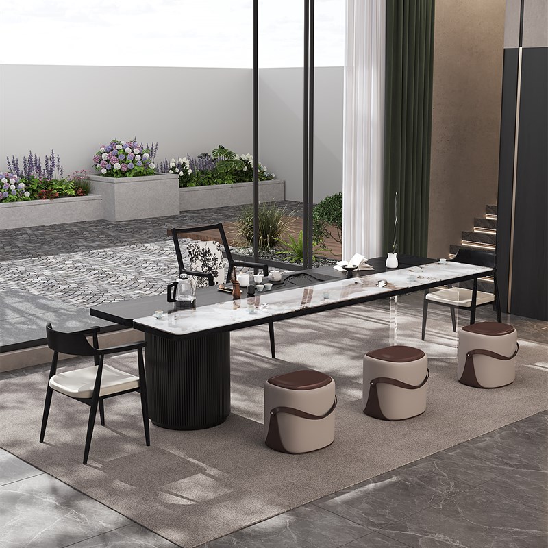 意式极简实木大板岩板茶桌椅组合轻奢家用客厅P办公室接待茶台黑