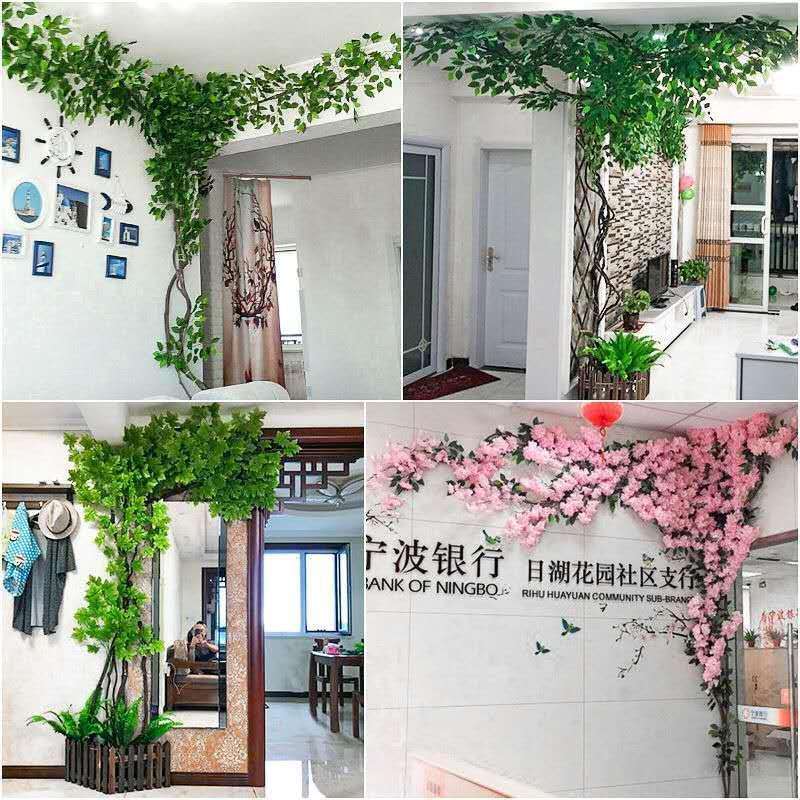 仿真树叶树枝树藤假叶子客厅室内绿植榕树假花藤条吊顶植物墙装饰
