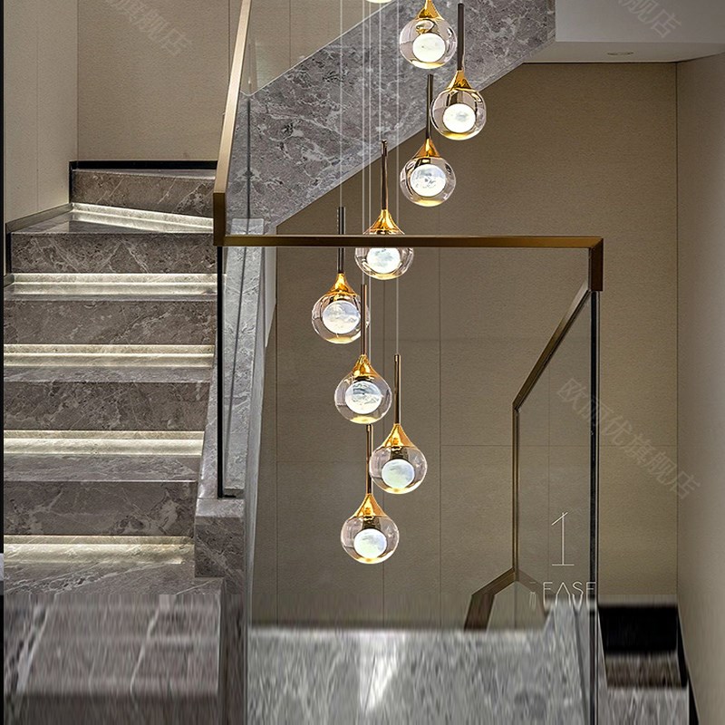 月球月影轻奢别墅l旋转楼梯灯长吊灯水晶挑高挑空复式楼中空客厅