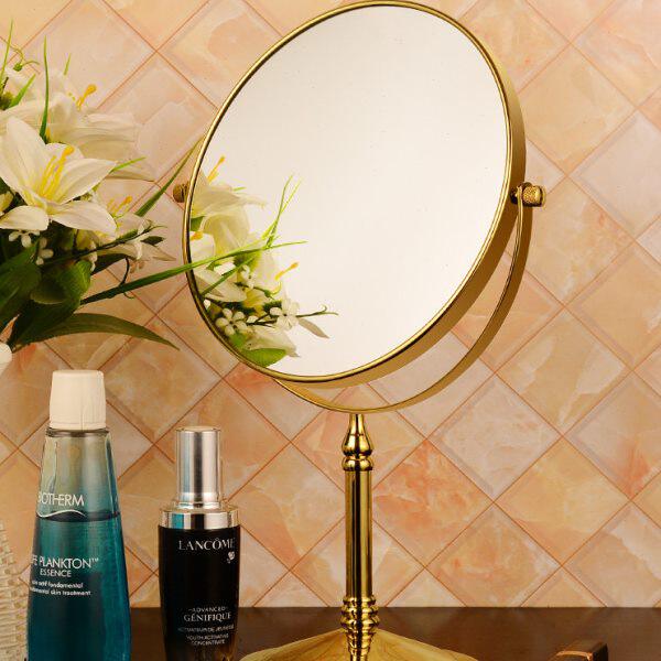 化妆镜台式家用双面金色小型放大复古梳妆镜桌面可铜镜精致镜子立