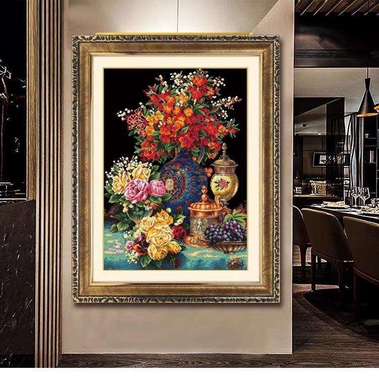 十字绣成品纯手工花团锦簇雍容华贵静物油画花瓶欧式挂画绣好的