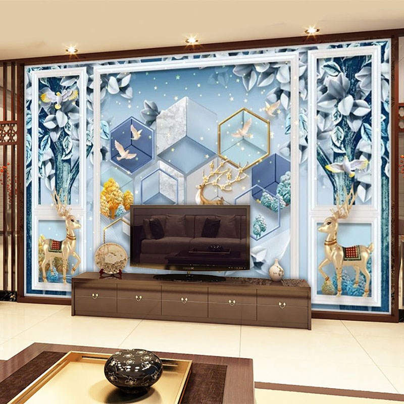 无缝壁画8dd立体麋鹿发财树北欧简约浮雕背景墙布壁纸客厅影视墙