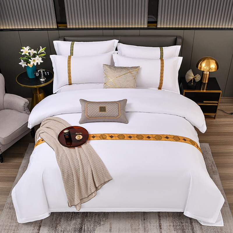 60支新疆长绒棉织带工艺酒店纯色四件套被套床单纯Z色床上用品