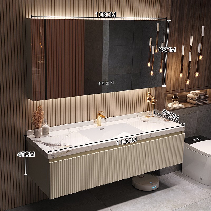 浴室柜组合圆镜实木岩板陶v瓷无缝一体盆新款卫生间洗手洗脸洗漱