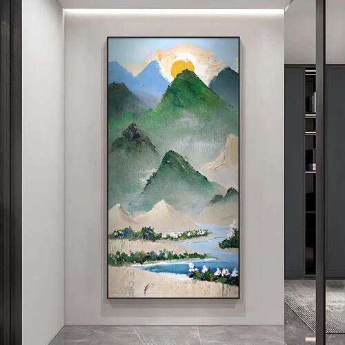 纯手绘油画绿色山水画玄关装饰画风景石英砂立体肌理走廊过道挂画