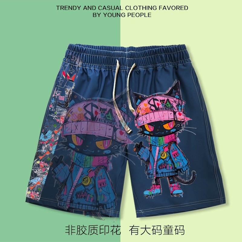 美式多巴胺涂鸦猫宽松短裤男女直筒五分裤休闲印花沙滩裤有大码潮,男装,短裤,淘宝优惠券,粉丝福利购,淘宝优惠卷