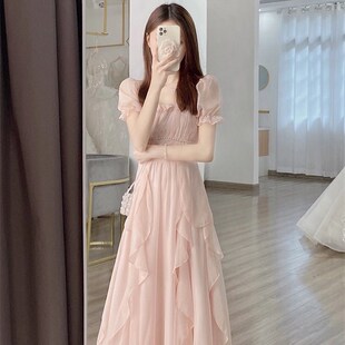 胖妹妹收腰显瘦超仙气长裙子 方领温柔风雪纺连衣裙女夏季 大码 法式
