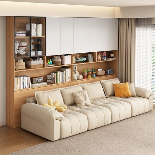 沙发后背景柜客厅书柜一体整墙定制带钢化玻璃门储物柜收纳柜书橱