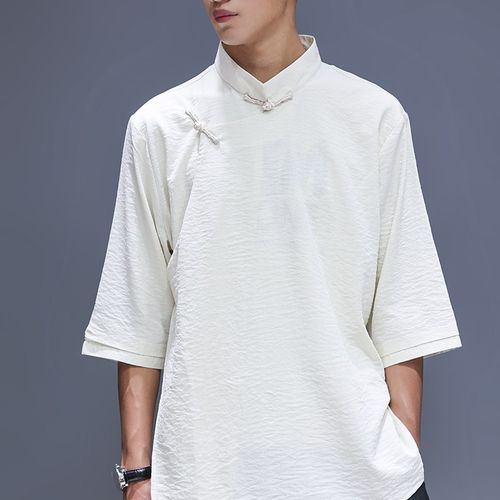 2022新款短袖男装夏季中国风上衣民族风衬衫藏装唐装米白色藏服装