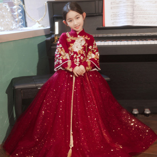 女童汉服裙2022新款儿童古装演出服刺绣唐装连衣裙红色中国风礼服