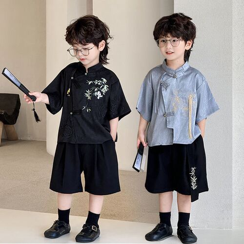 男童国风套装夏季2024新款薄款儿童新中式短袖衬衫男孩走秀汉服潮