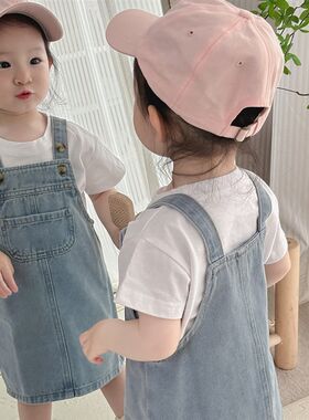 韩版女童夏季背带牛仔裙套装2024新款女宝宝儿童夏装洋气休闲裙子