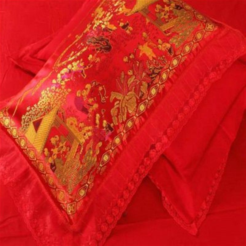 婚庆新款一等品百子绸缎喜庆单人枕套一对装大红结婚织锦缎枕头套