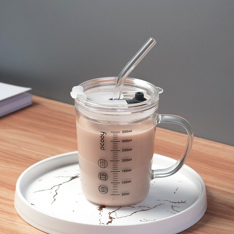 刻度牛奶杯高颜值喝水咖啡杯杯子带盖家用微波炉吸管玻璃杯大